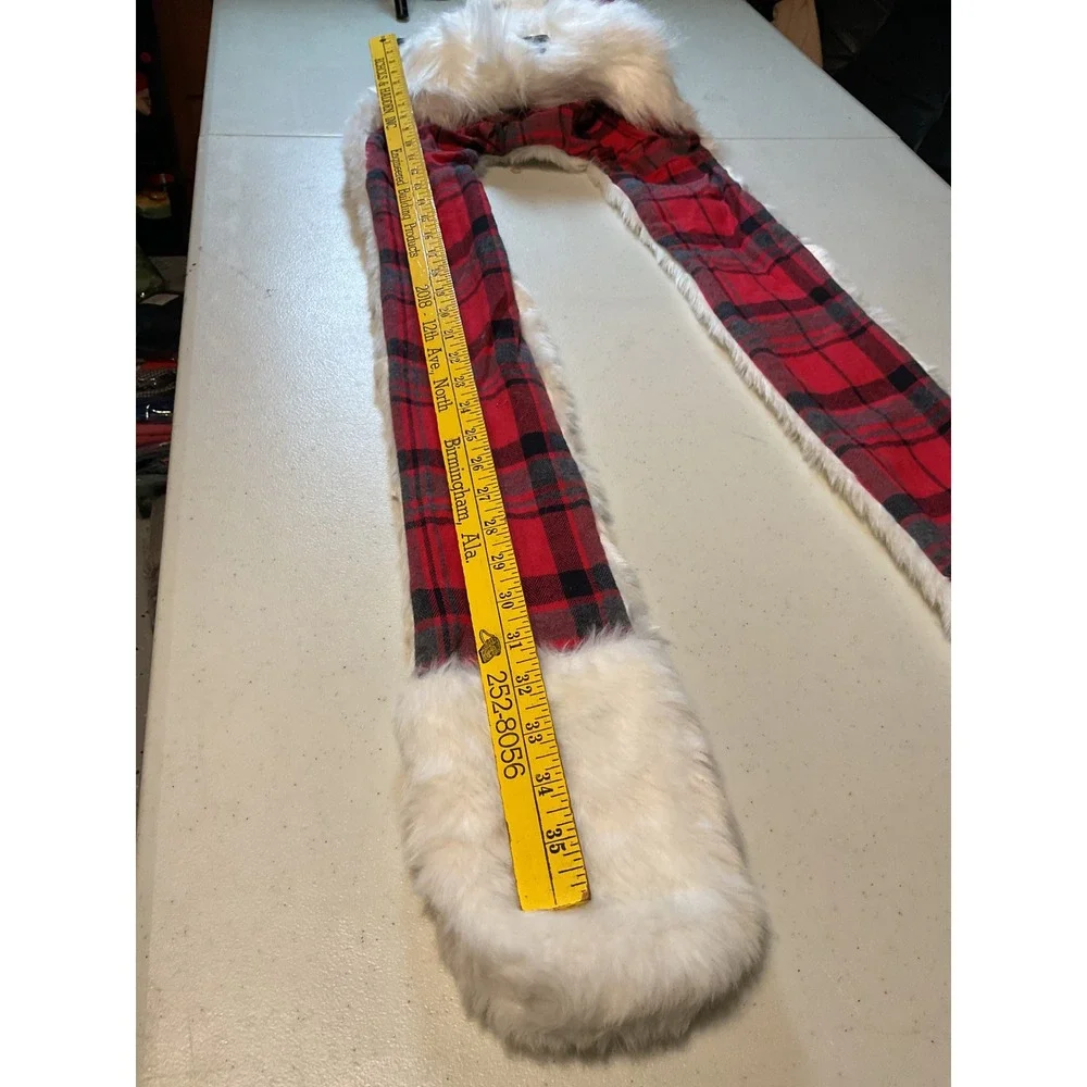 New Polar Bear Faux‎ Fur Hooded Scarf with Mittens Red Plaid Buffalo Check
